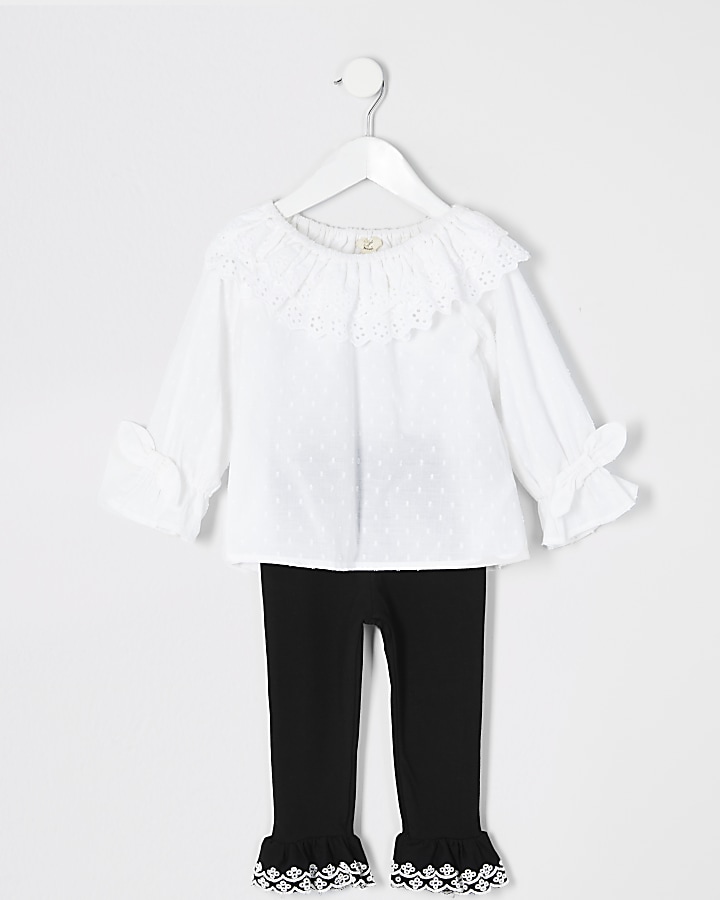 Mini girls white broderie frill top outfit