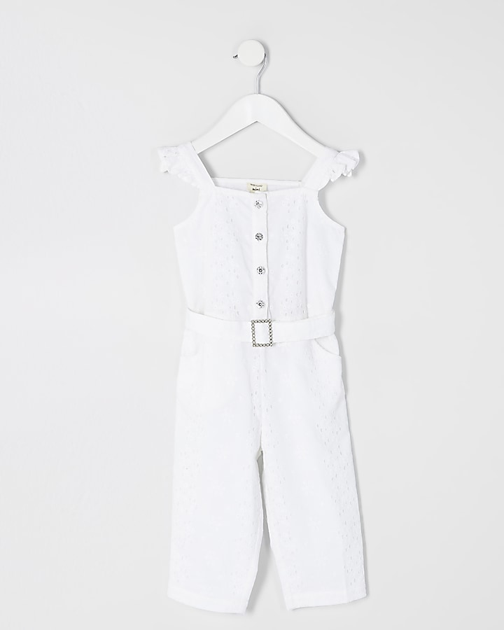 Mini girls white broderie belted jumpsuit