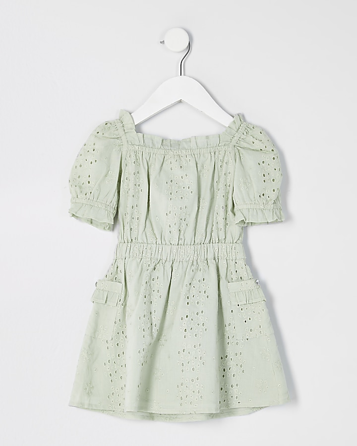 Mini girls green broderie puff sleeve dress