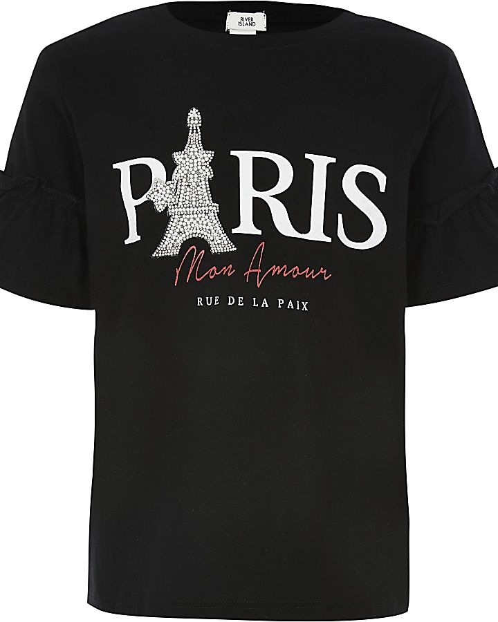Girls black 'Paris' embellished frill T-shirt