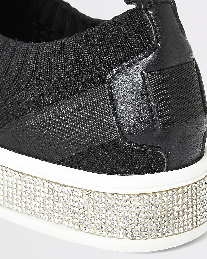 Girls black knitted diamante trainers