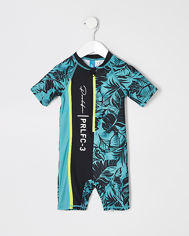 Mini boys blue Prolific leaf print swim suit