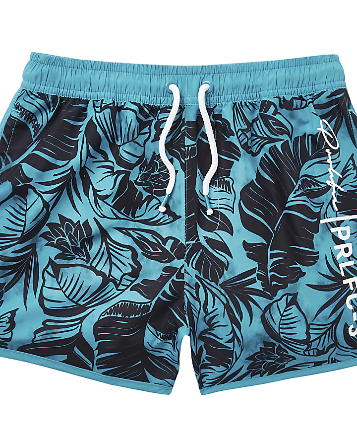 Boys bright blue leaf print swim shorts