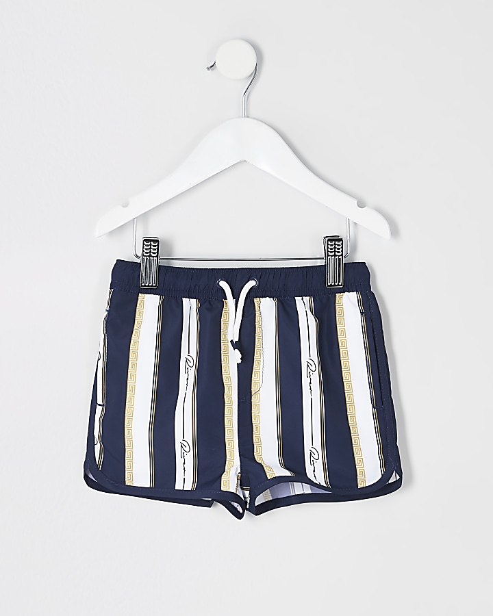 Mini boys navy printed swim shorts