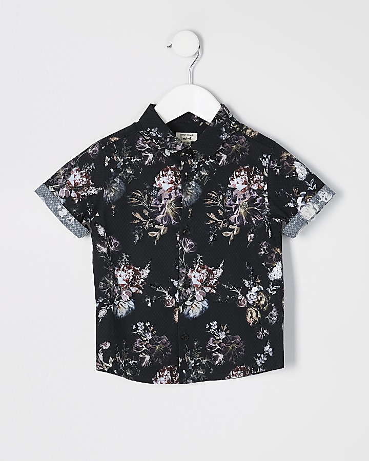 Mini boys black floral short sleeve shirt