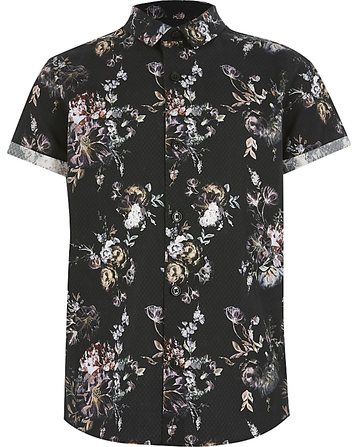Boys black floral short sleeve shirt