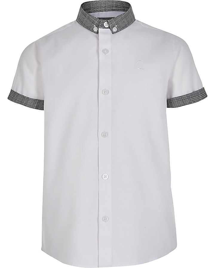 Boys white check button-down collar shirt
