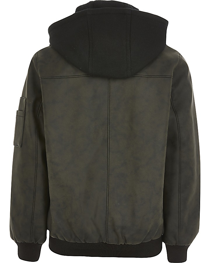 Boys dark grey faux leather hood jacket