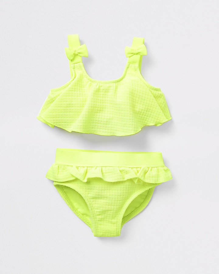 Mini girls neon yellow waffle bow bikini set