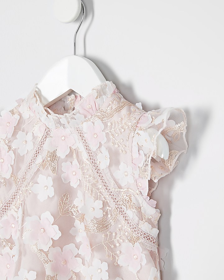 Mini girls pink flower lace embellished top