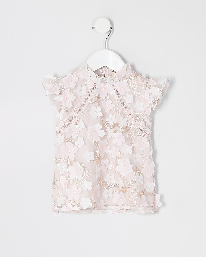 Mini girls pink flower lace embellished top