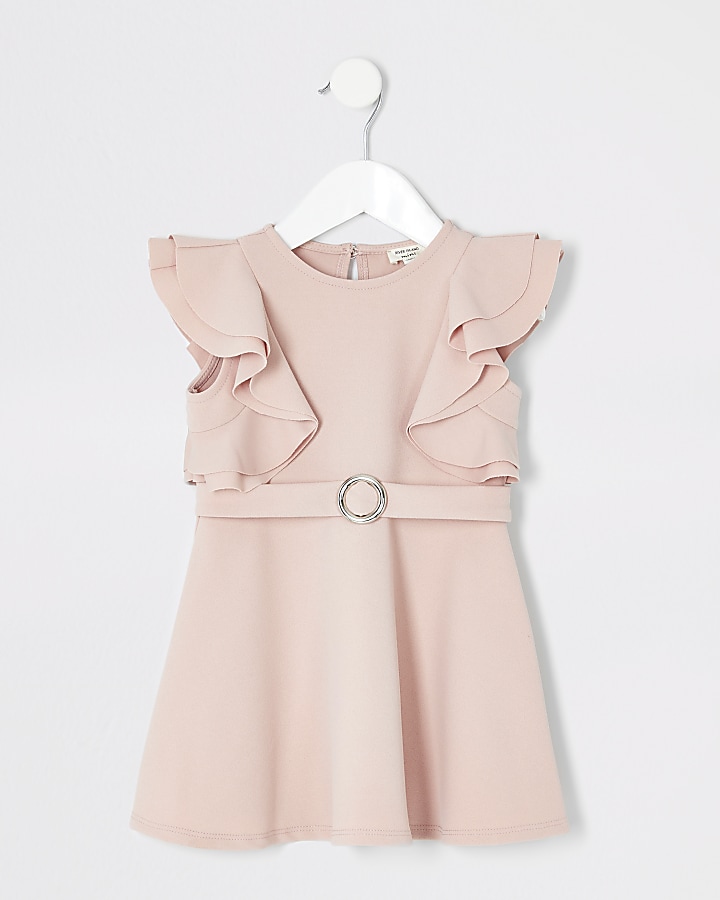 Mini girls pink ruffle belted dress