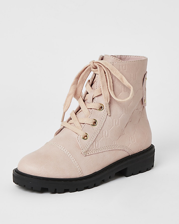 Girls pink RI monogram lace-up boots
