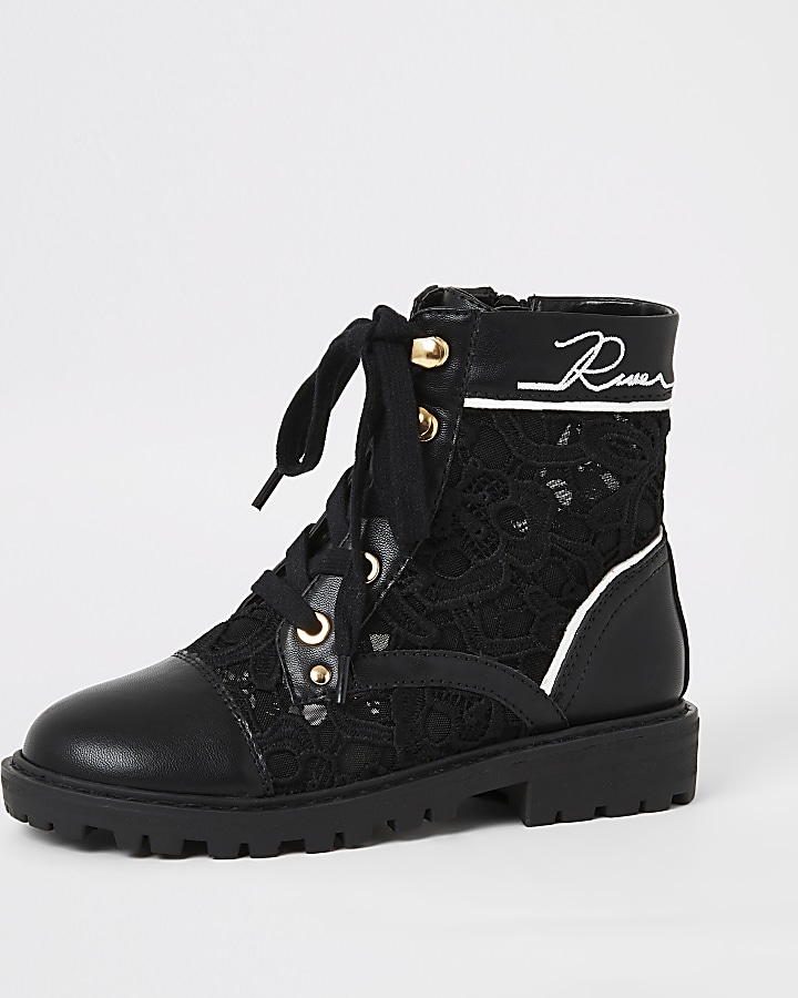 Girls black lace hiker boots