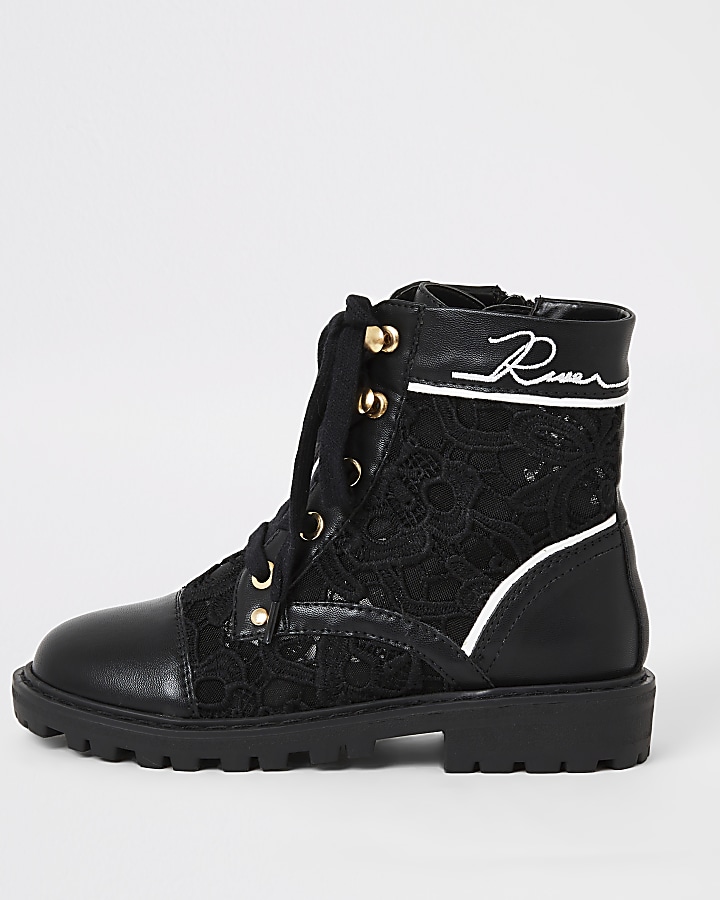 Girls black lace hiker boots
