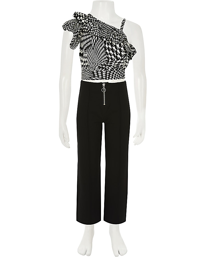 Girls dogtooth check print crop top outfit