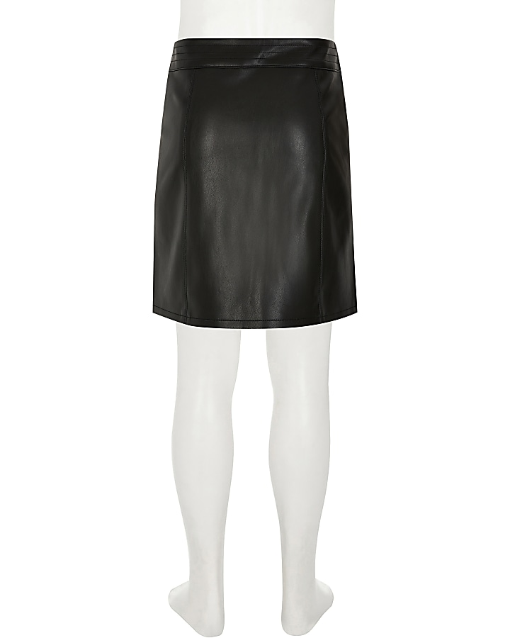 Girls black faux leather biker zip skirt