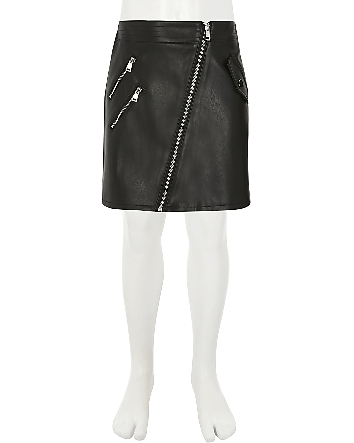 Girls black faux leather biker zip skirt