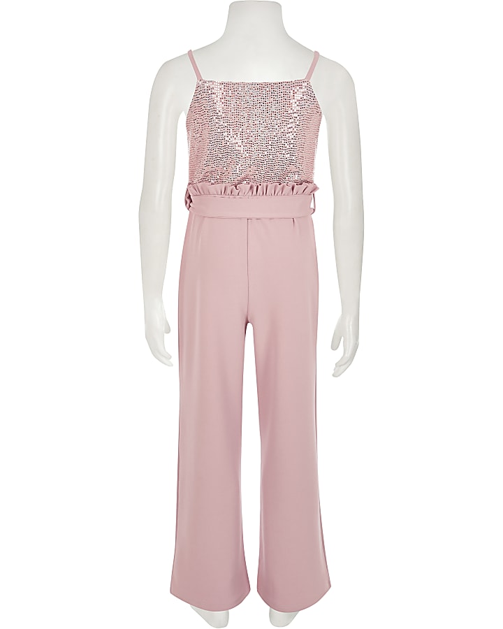 Girls pink sequin frill waist jumpsuit