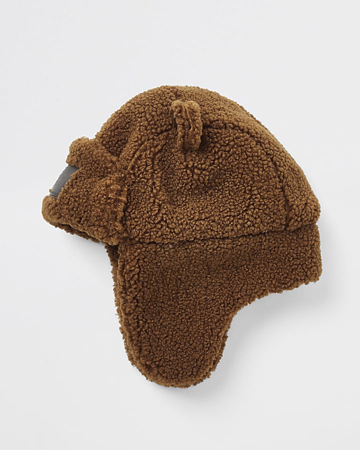 Mini boys brown teddy trapper hat