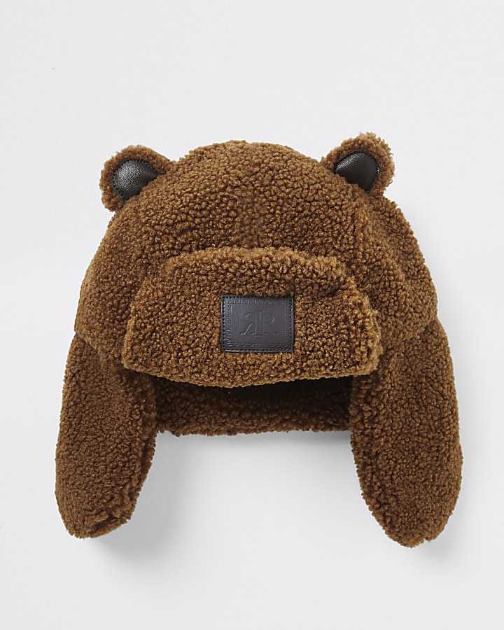 Mini boys brown teddy trapper hat