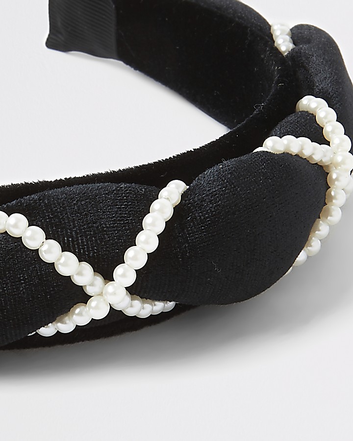 Girls black velvet pearl plaited headband