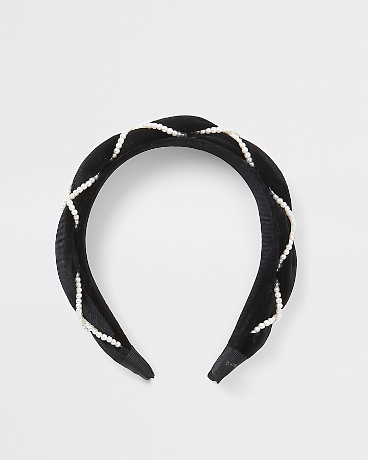 Girls black velvet pearl plaited headband