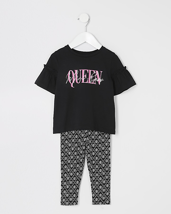 Mini girls black printed frill T-shirt outfit