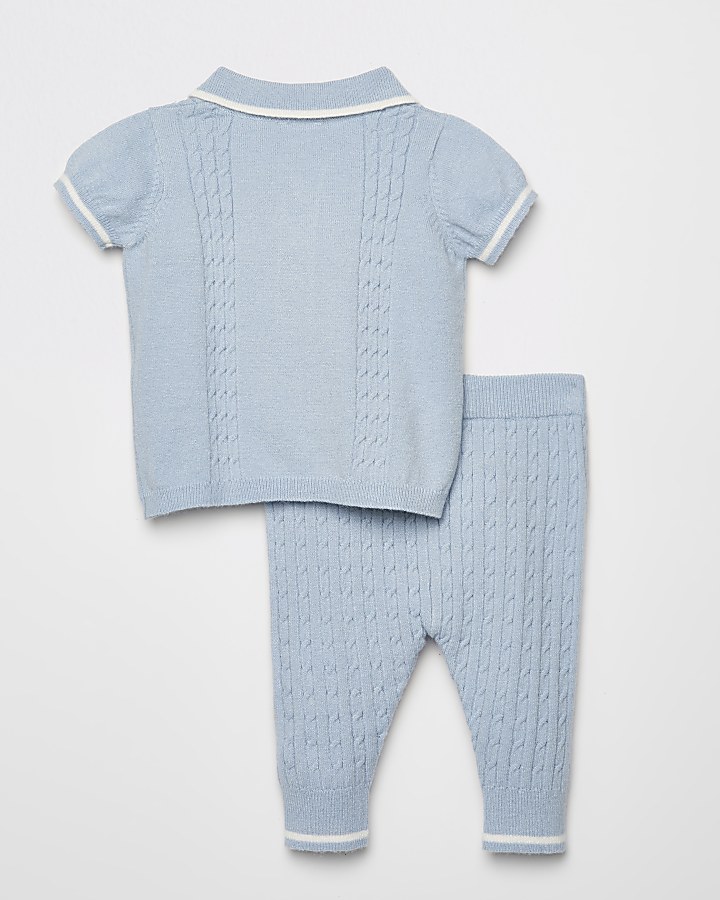 Baby blue cable knitted polo shirt outfit