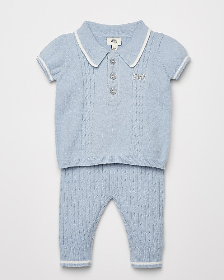 Baby blue cable knitted polo shirt outfit