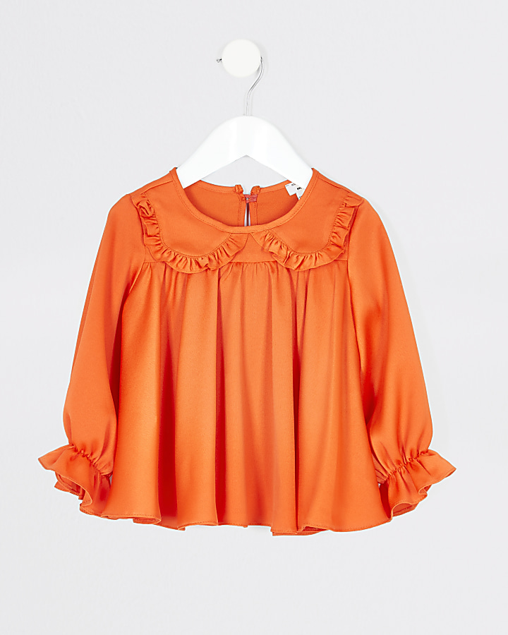 Mini girls orange frill collar top