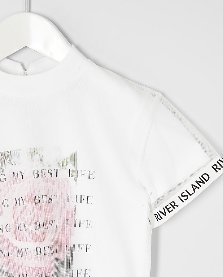 Mini girls 'best life' mesh white T-shirt