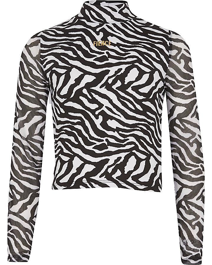 Girls black zebra print 'Fierce' mesh top