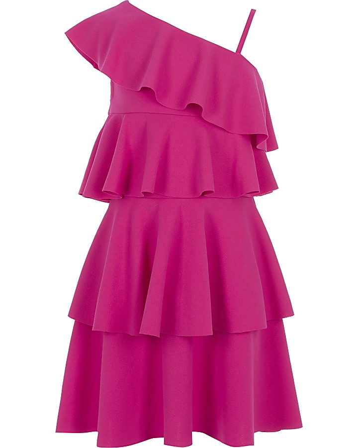 Girls pink asymmetric frill dress