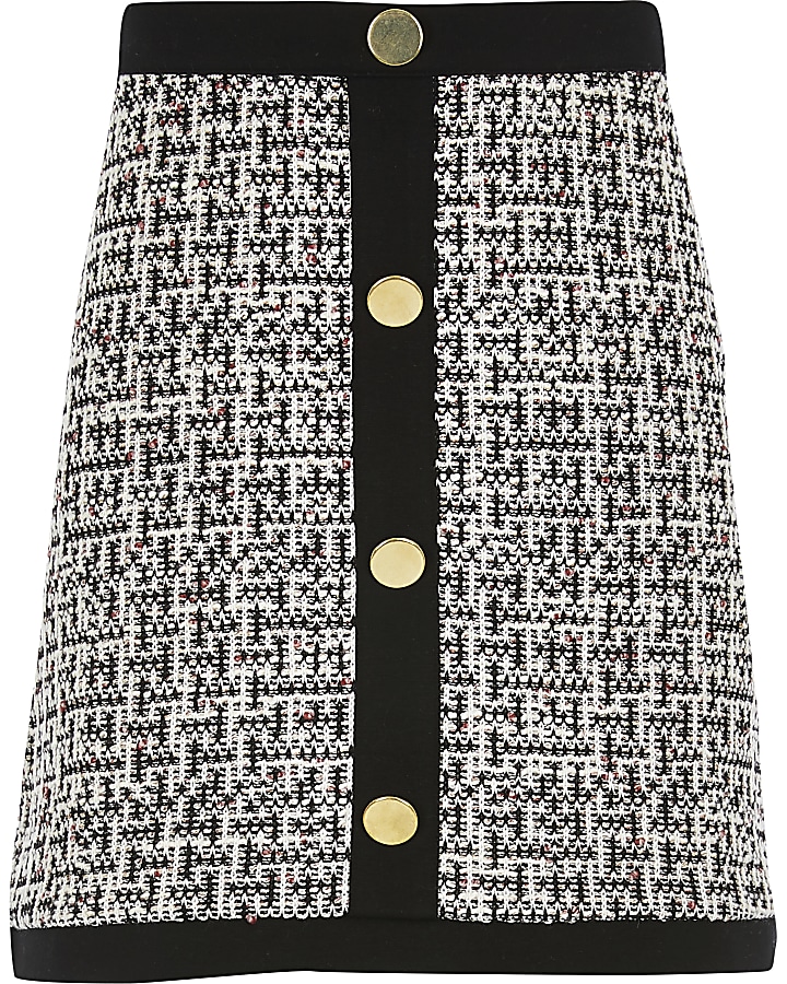 Girls monochrome boucle button front skirt