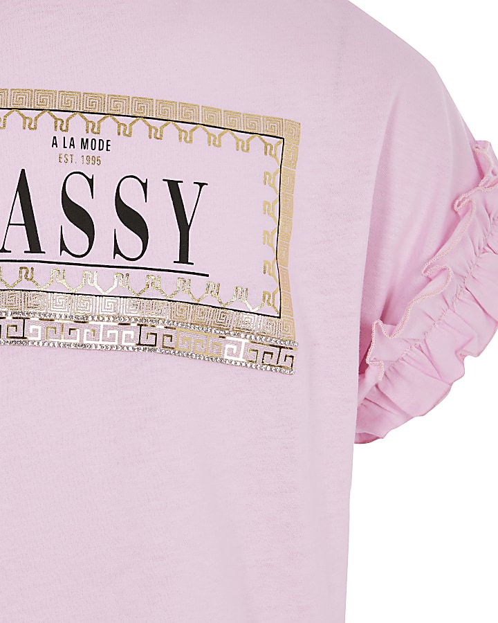Girls pink 'sassy' print frill T-shirt