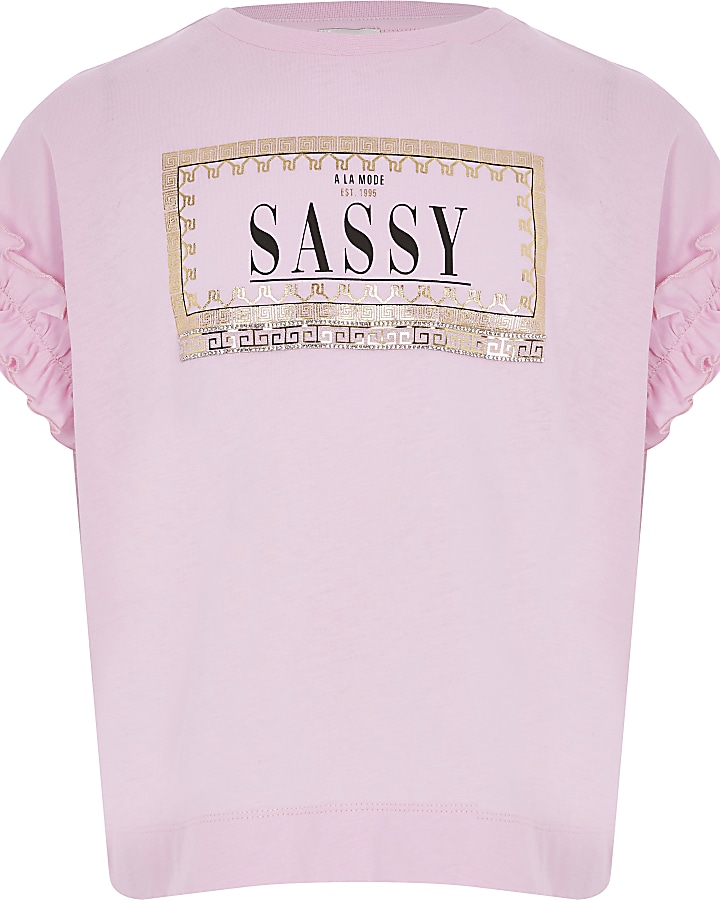 Girls pink 'sassy' print frill T-shirt