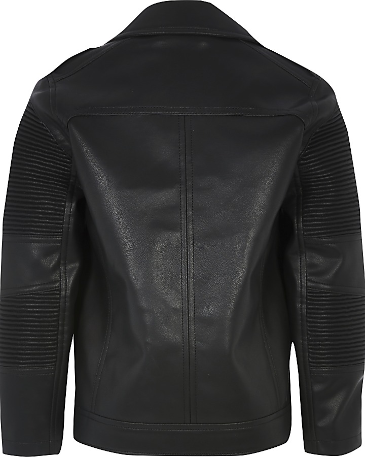 Boys black faux leather ridged biker jacket