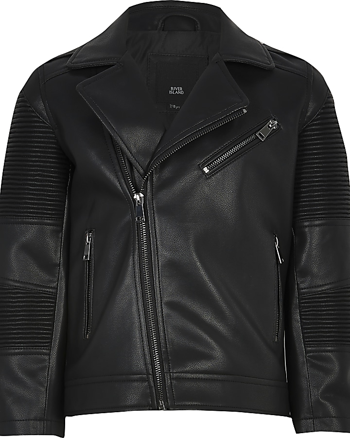 Boys black faux leather ridged biker jacket