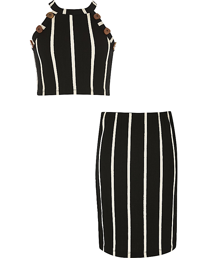 Girls black stripe crop top and skirt outfit