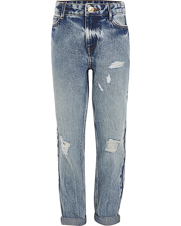 Girls blue ripped Mom high rise jeans