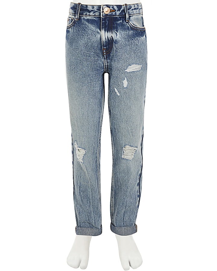 Girls blue ripped Mom high rise jeans
