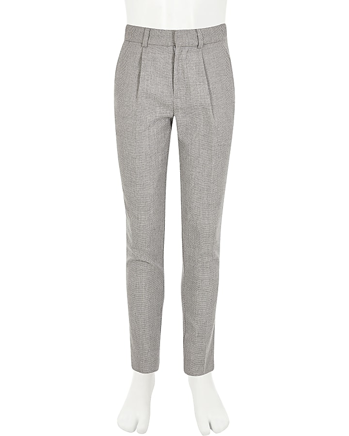 Boys grey textured tapered leg suit trousers