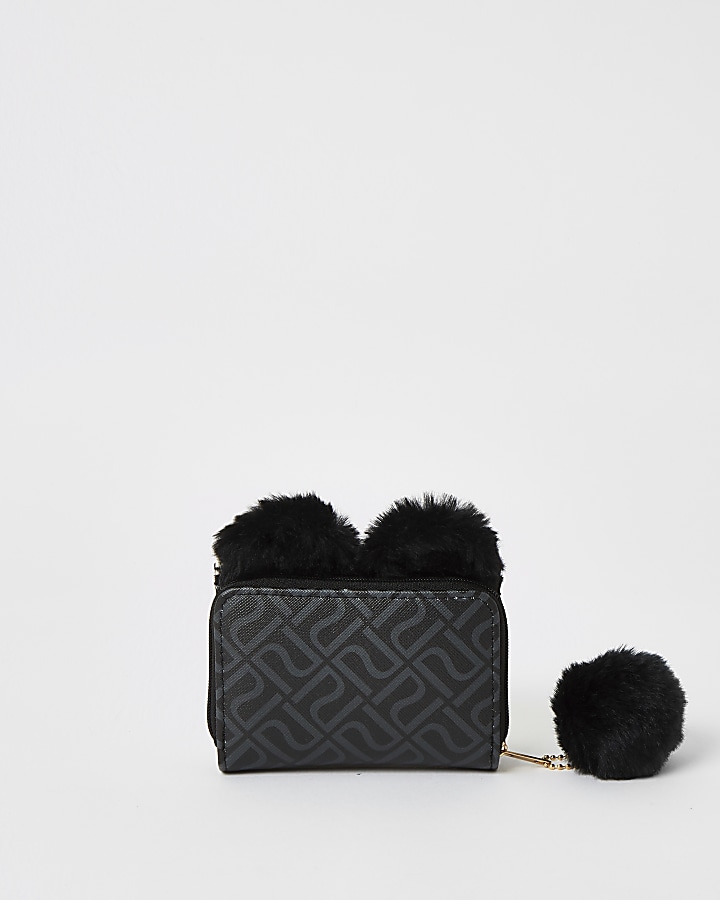 Black panda embellished trifold purse