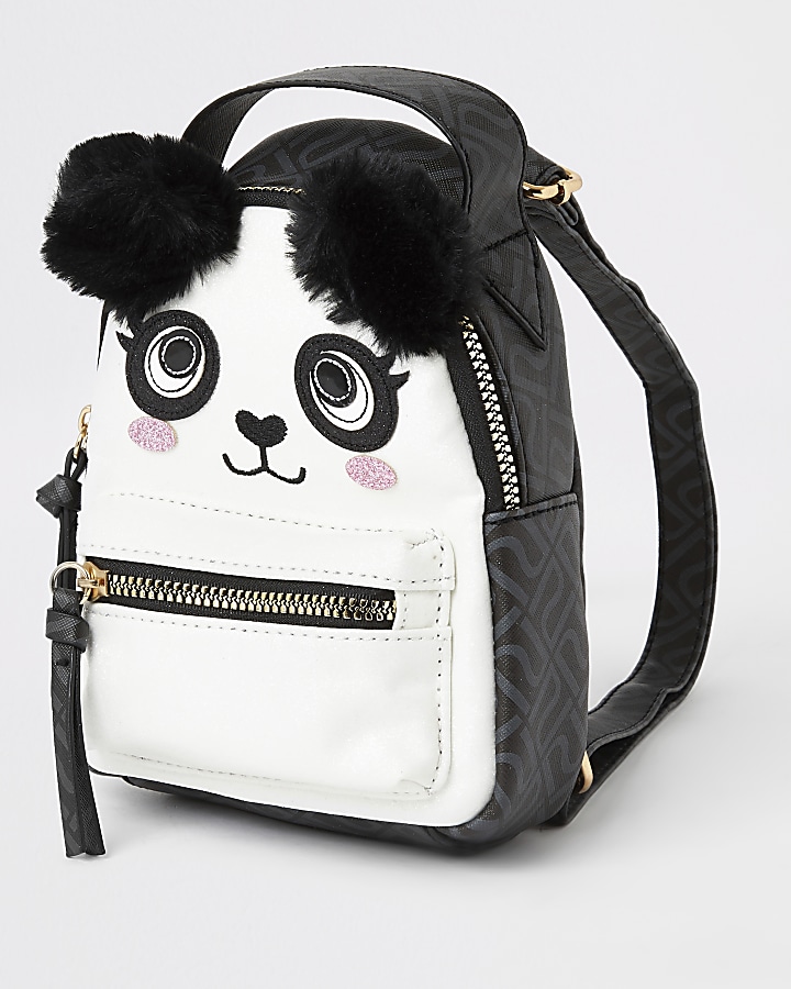 Girls black panda faux fur pom pom backpack