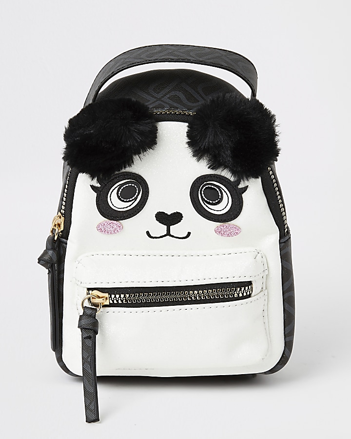 Girls black panda faux fur pom pom backpack