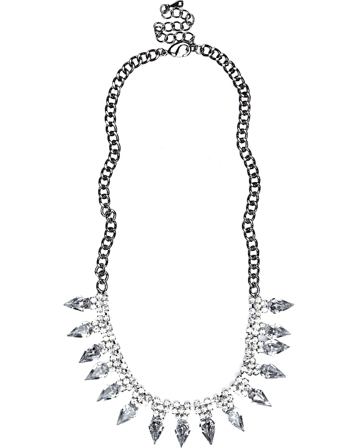 Silver tone diamante spike short necklace