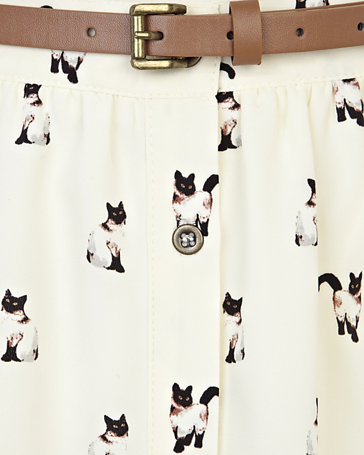 Cream cat print belted button through skirt