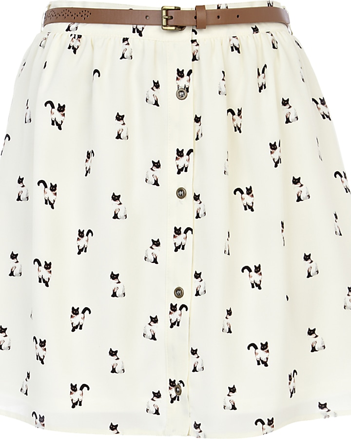 Cream cat print belted button through skirt