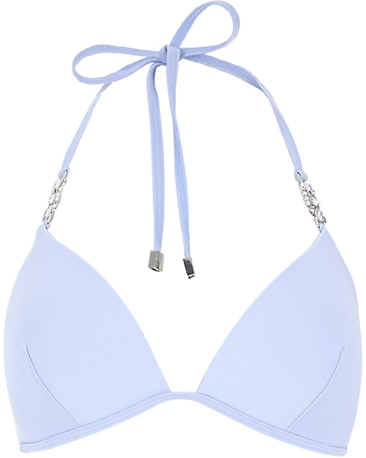 Blue padded jewel strap moulded bikini top